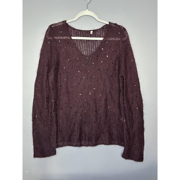 Sequin Mohair Blend Sweater Womens L Purple Fuzzy Sheer Layer Plum V Pullover - Picture 1 of 12